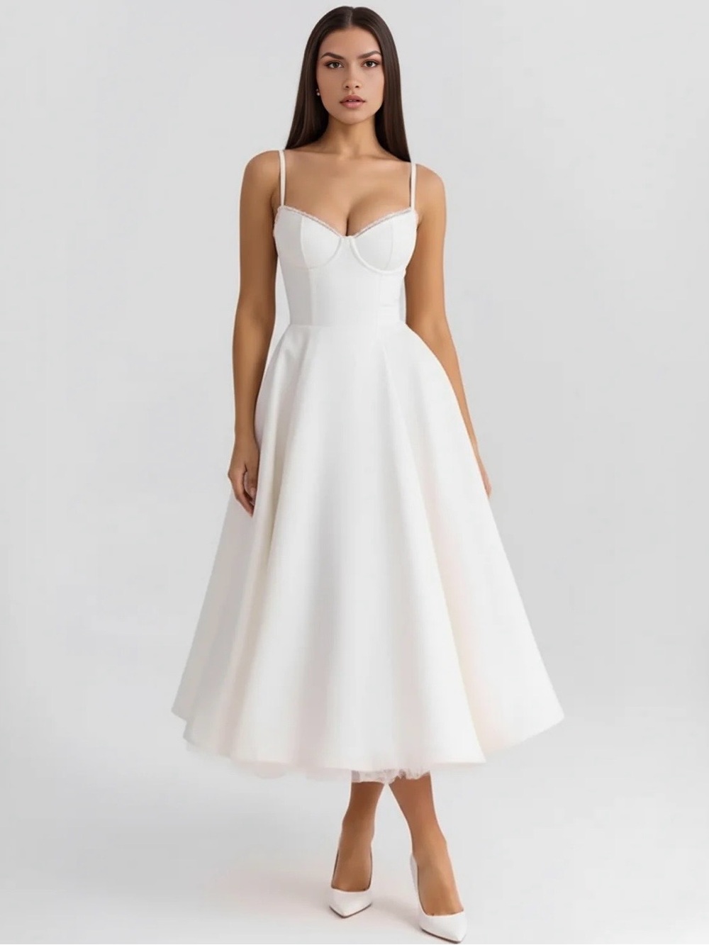 White Midi Fit-and-Flare Dress with Sweetheart Neckline